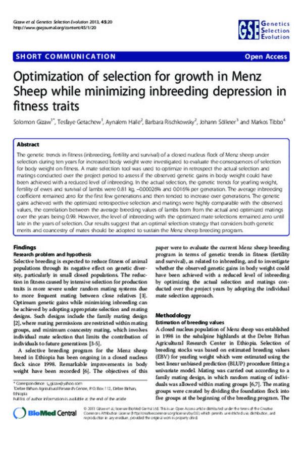Optimization of selection for growth in Menz Sheep while minimizing inbreeding depression in fitness traits