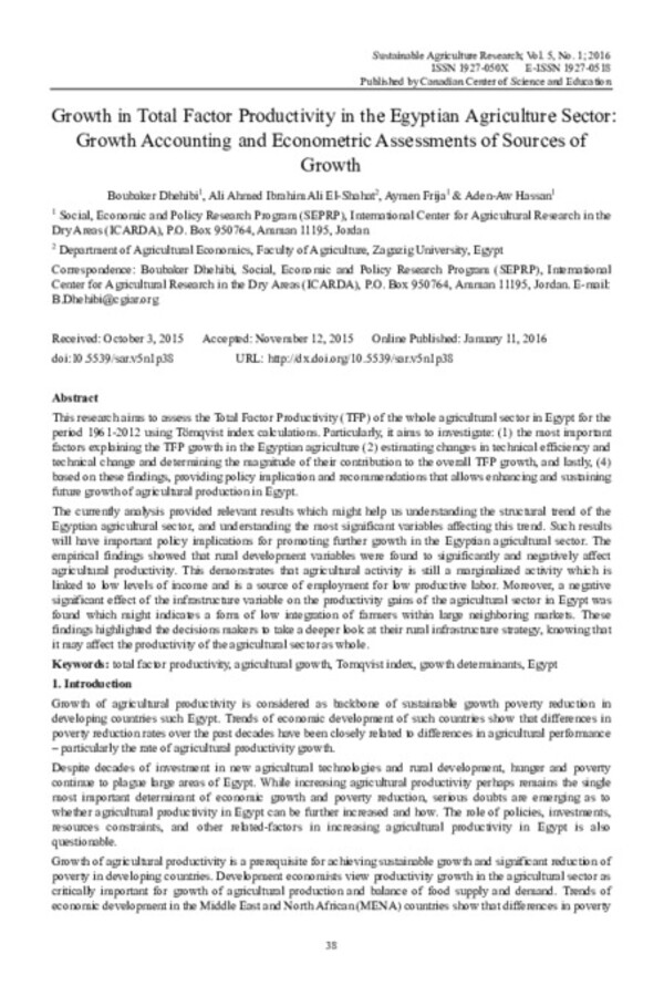 Growth in Total Factor Productivity in the Egyptian Agriculture Sector: Growth Accounting and Econometric Assessments of Sources of Growth