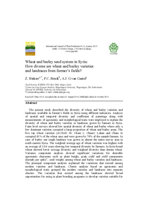 Wheat and barley seed system in Syria: How diverse are wheat and barley varieties and landraces from farmer’s fields? Wheat and barley seed system in Syria: How diverse are wheat and barley varieties and landraces from farmer’s fields?