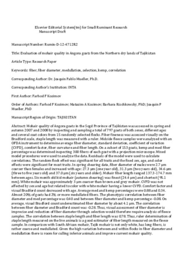 Evaluation of mohair quality in Angora goats from the Northern dry lands of Tajikistan
