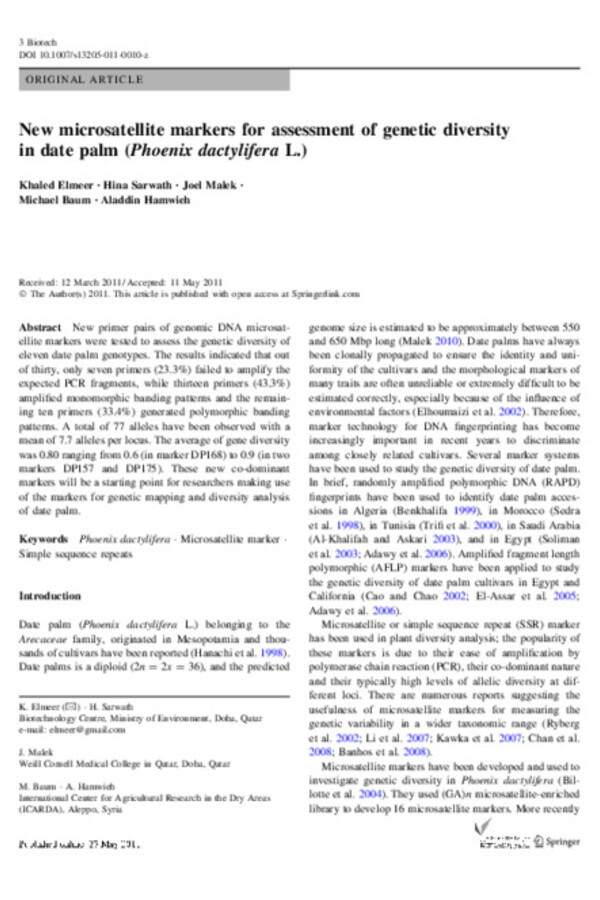 New microsatellite markers for assessment of genetic diversity in date palm (Phoenix dactylifera L.) New microsatellite markers for assessment of genetic diversity in date palm (Phoenix dactylifera L.)