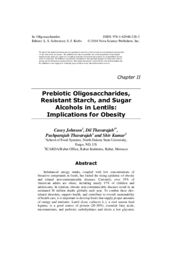 Prebiotic Oligosaccharides, Resistant Starch and Sugar Alcohols in Lentils: Implications for Obesity Prebiotic Oligosaccharides, Resistant Starch and Sugar Alcohols in Lentils: Implications for Obesity