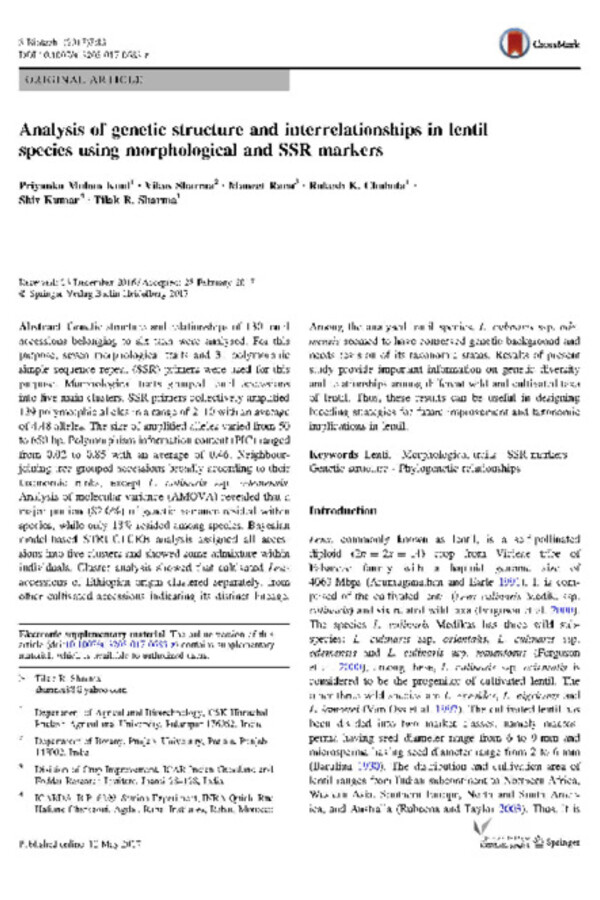 Analysis of genetic structure and interrelationships in lentil species using morphological and SSR markers Analysis of genetic structure and interrelationships in lentil species using morphological and SSR markers