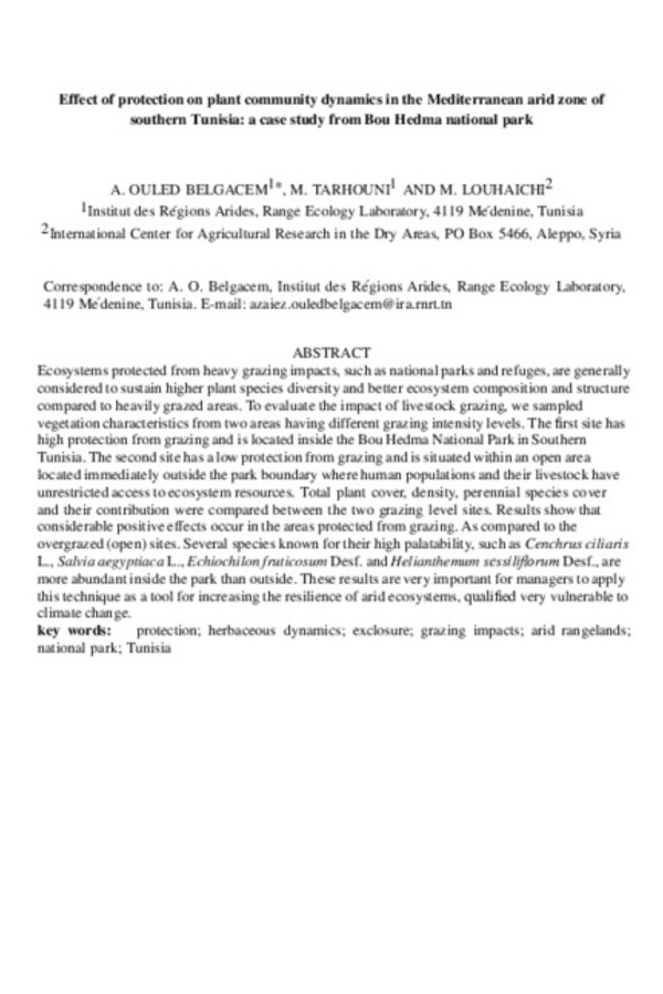 Effect of protection on plant community dynamics in the Mediterranean arid zone of southern Tunisia: a case study from Bou Hedma national park