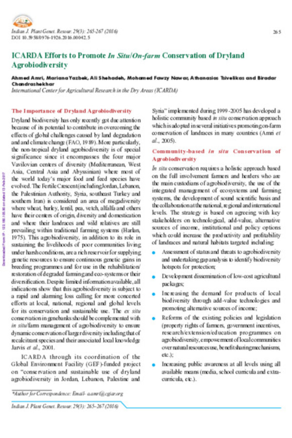 ICARDA Efforts to Promote In Situ/On-farm Conservation of Dryland Agrobiodiversity