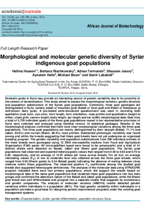 Morphological and molecular genetic diversity of Syrian indigenous goat populations Morphological and molecular genetic diversity of Syrian indigenous goat populations