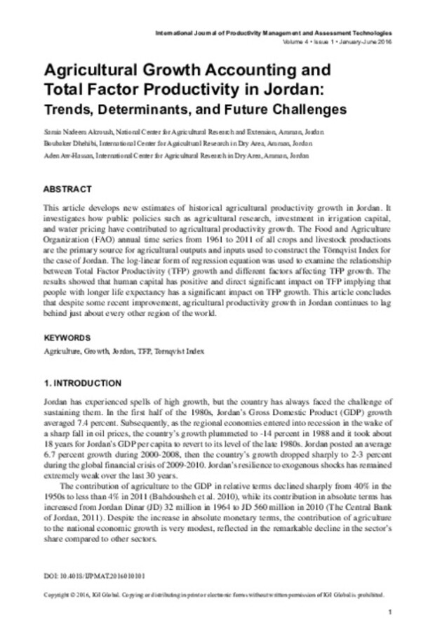 Agricultural Growth Accounting and Total Factor Productivity in Jordan: Trends, determinants, and future challenges Agricultural Growth Accounting and Total Factor Productivity in Jordan: Trends, determinants, and future challenges