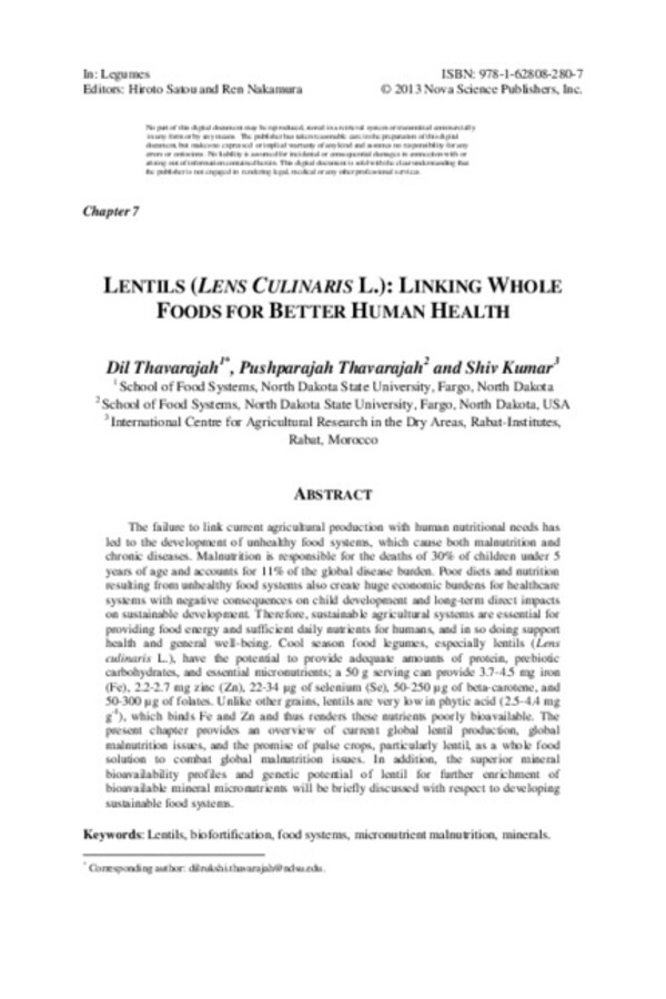 Lentils (Lens Culinaris L.): Linking whole foods for better human health Lentils (Lens Culinaris L.): Linking whole foods for better human health