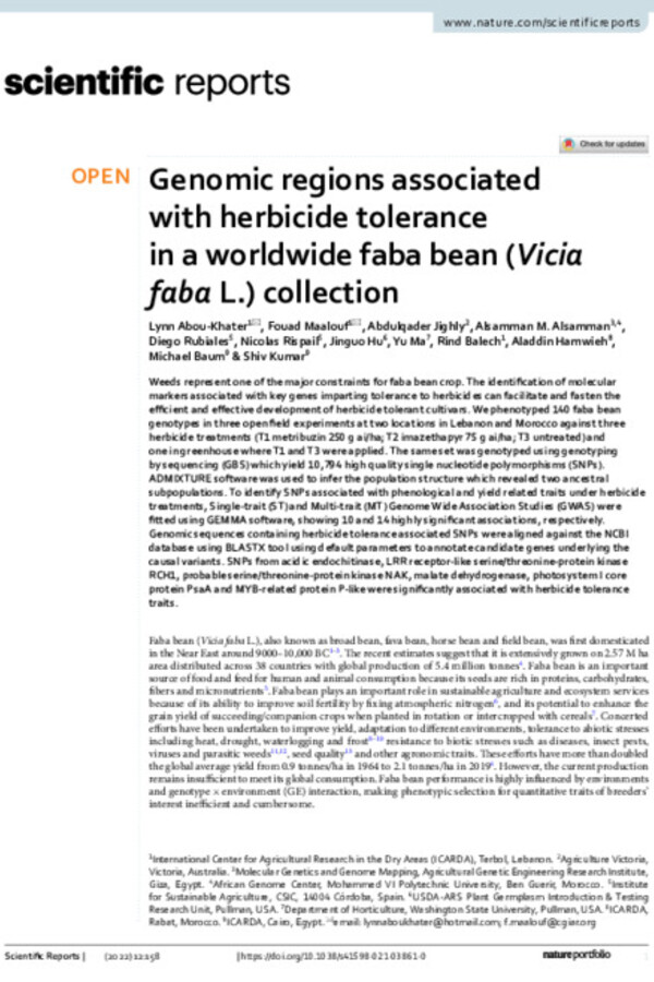 Genomic regions associated with herbicide tolerance in a worldwide faba bean (Vicia faba L.) collection Genomic regions associated with herbicide tolerance in a worldwide faba bean (Vicia faba L.) collection