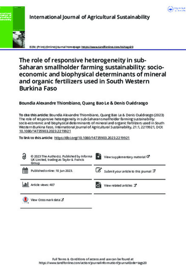 The role of responsive heterogeneity in sub-Saharan smallholder farming sustainability: socio-economic and biophysical determinants of mineral and organic fertilizers used in South Western Burkina Faso