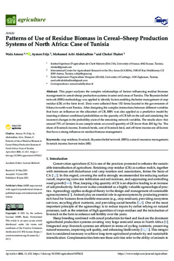 Patterns of Use of Residue Biomass in Cereal–Sheep Production Systems of North Africa: Case of Tunisia Patterns of Use of Residue Biomass in Cereal–Sheep Production Systems of North Africa: Case of Tunisia