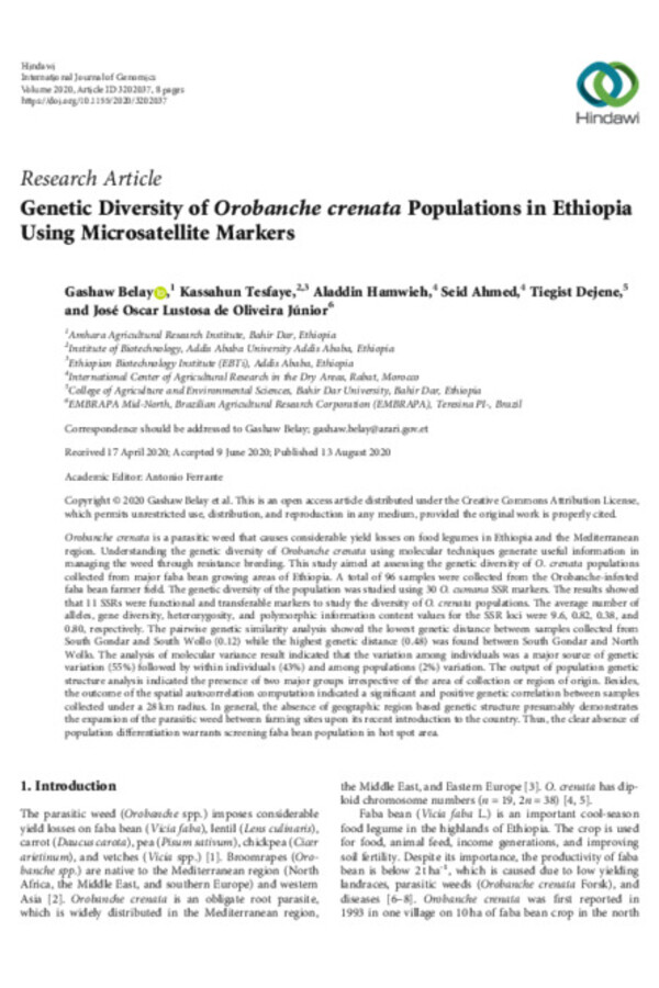 Genetic Diversity of Orobanche crenata Populations in Ethiopia Using Microsatellite Markers Genetic Diversity of Orobanche crenata Populations in Ethiopia Using Microsatellite Markers