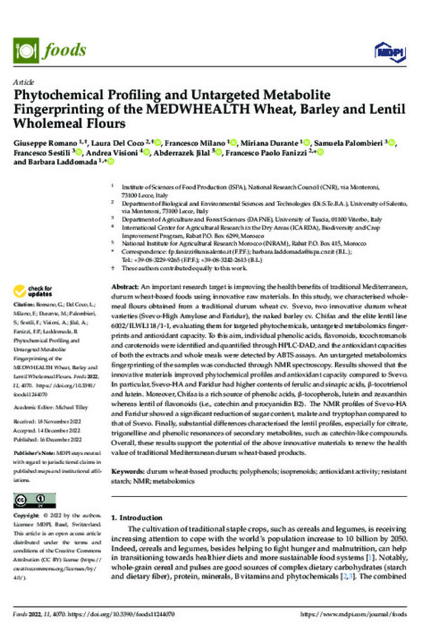 Phytochemical Profiling and Untargeted Metabolite Fingerprinting of the MEDWHEALTH Wheat, Barley and Lentil Wholemeal Flours