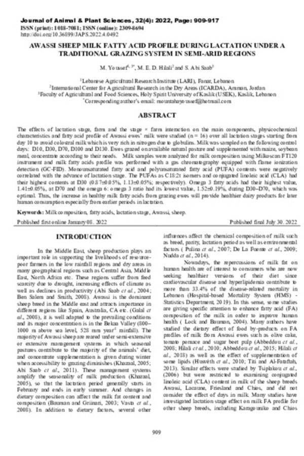 Awassi Sheep Milk Fatty Acid Profile during lactation under a traditional grazing system in semi-arid regions