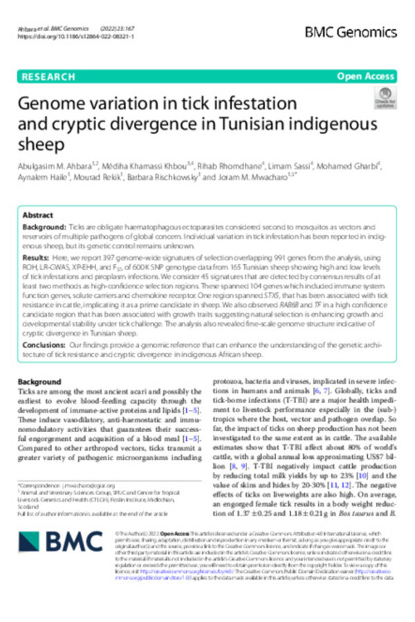 Genome variation in tick infestation and cryptic divergence in Tunisian indigenous sheep