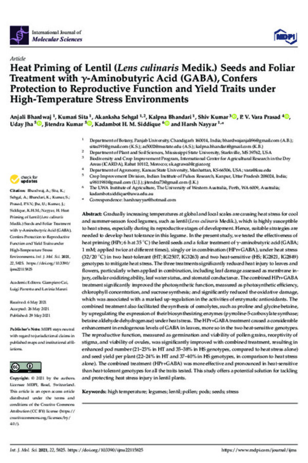 Heat Priming of Lentil (Lens culinaris Medik.) Seeds and Foliar Treatment with γ-Aminobutyric Acid (GABA), Confers Protection to Reproductive Function and Yield Traits under High-Temperature Stress Environments