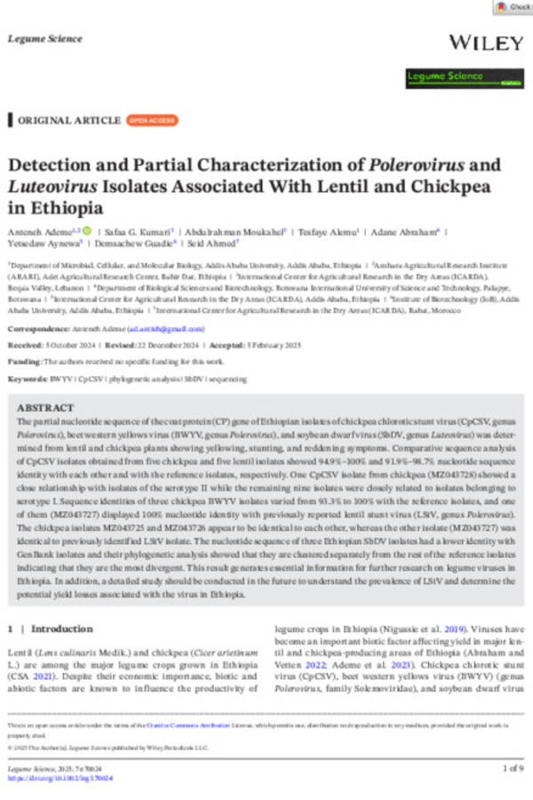 Detection and Partial Characterization of Polerovirus and Luteovirus Isolates Associated With Lentil and Chickpea in Ethiopia Detection and Partial Characterization of Polerovirus and Luteovirus Isolates Associated With Lentil and Chickpea in Ethiopia