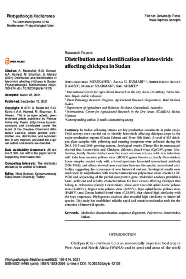 Distribution and identification of luteovirids affecting chickpea in Sudan Distribution and identification of luteovirids affecting chickpea in Sudan