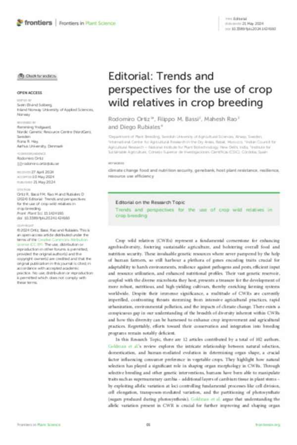 Editorial: Trends and perspectives for the use of crop wild relatives in crop breeding Editorial: Trends and perspectives for the use of crop wild relatives in crop breeding