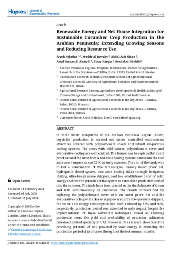 Renewable Energy and Net House Integration for Sustainable Cucumber Crop Production in the Arabian Peninsula: Extending Growing Seasons and Reducing Resource Use