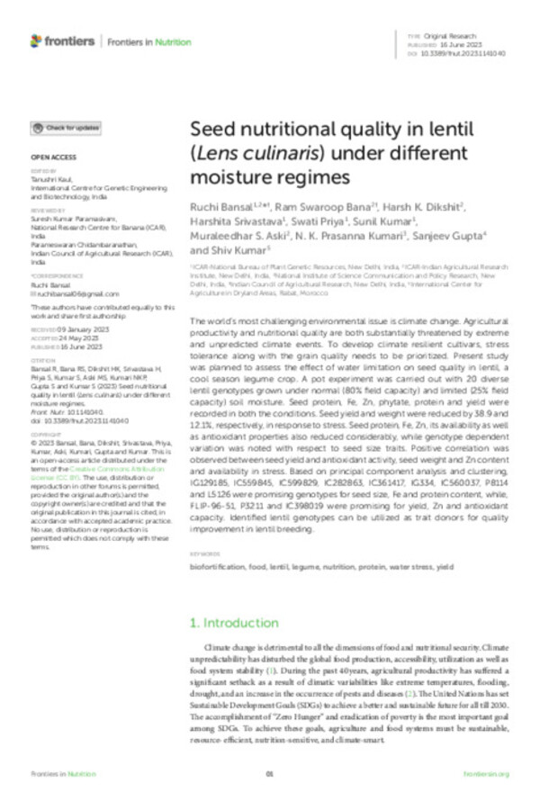 Seed nutritional quality in lentil (Lens culinaris) under different moisture regimes Seed nutritional quality in lentil (Lens culinaris) under different moisture regimes