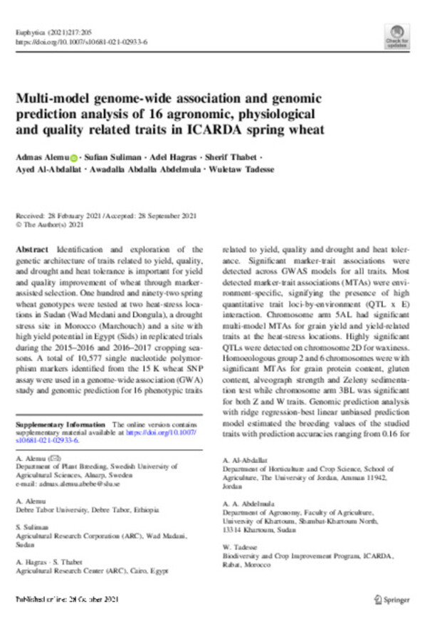 Multi-model genome-wide association and genomic prediction analysis of 16 agronomic, physiological and quality related traits in ICARDA spring wheat