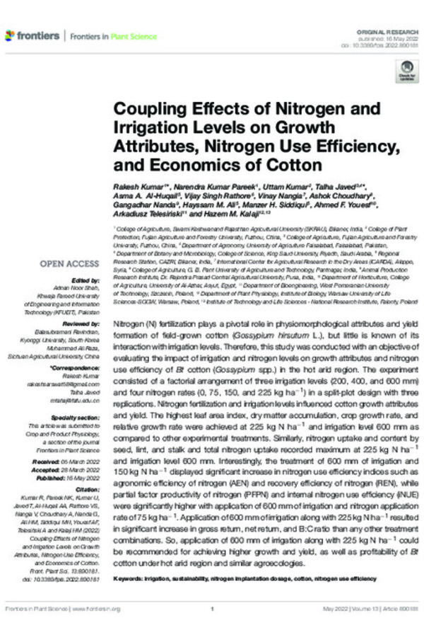 Coupling Effects of Nitrogen and Irrigation Levels on Growth Attributes, Nitrogen Use Efficiency, and Economics of Cotton