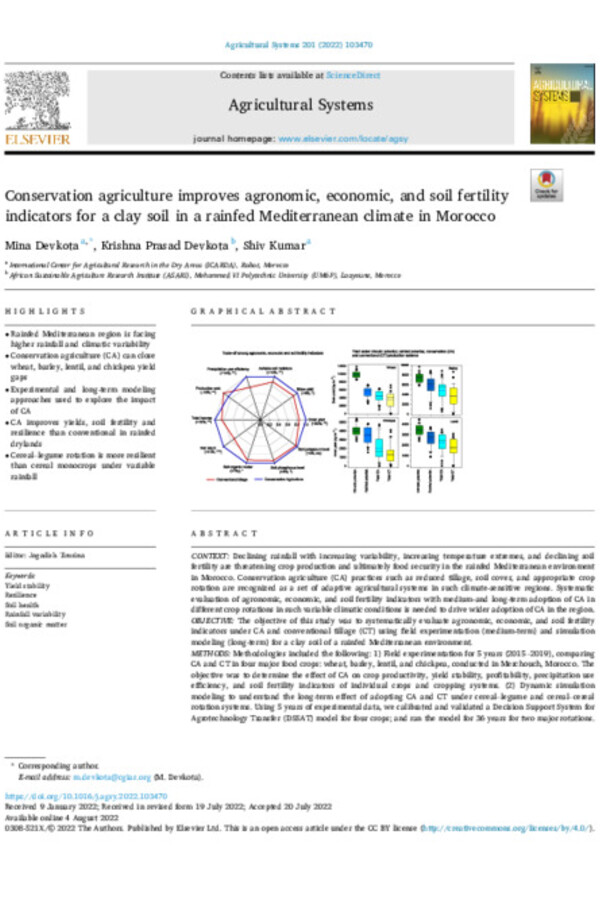 Conservation agriculture improves agronomic, economic, and soil fertility  indicators for a clay soil in a rainfed Mediterranean climate in Morocco