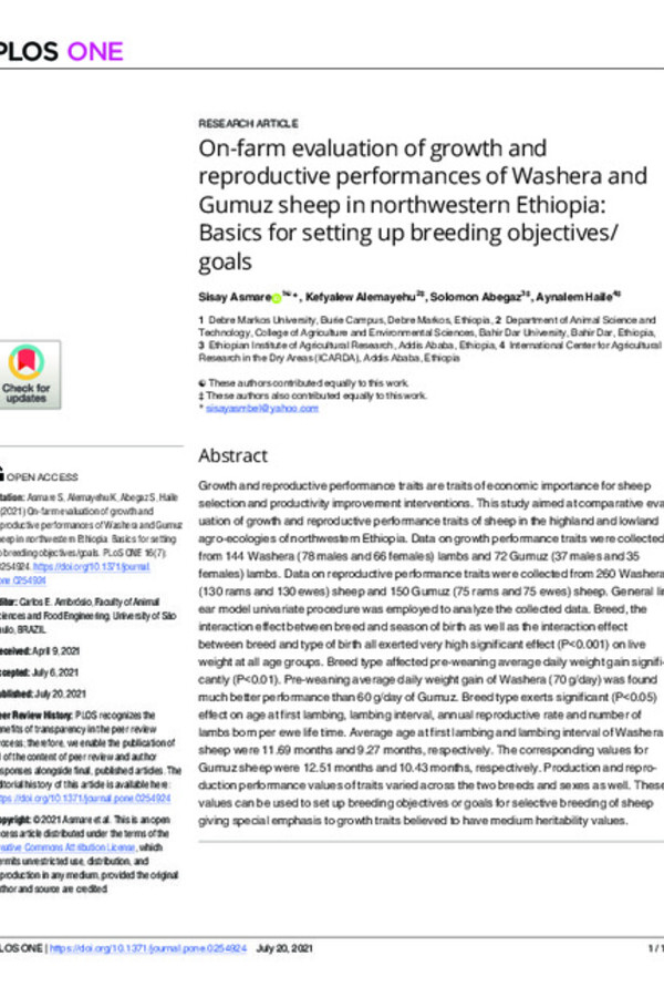 On-farm evaluation of growth and reproductive performances of Washera and Gumuz sheep in northwestern Ethiopia: Basics for setting up breeding objectives/ goals