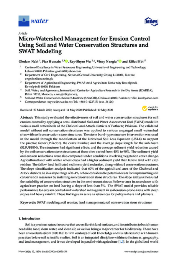 Micro-Watershed Management for Erosion Control Using Soil and Water Conservation Structures and SWAT Modeling Micro-Watershed Management for Erosion Control Using Soil and Water Conservation Structures and SWAT Modeling