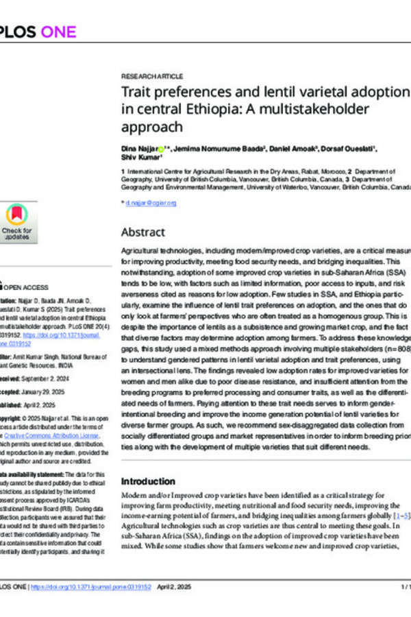Trait preferences and lentil varietal adoption in central Ethiopia: A multistakeholder approach Trait preferences and lentil varietal adoption in central Ethiopia: A multistakeholder approach