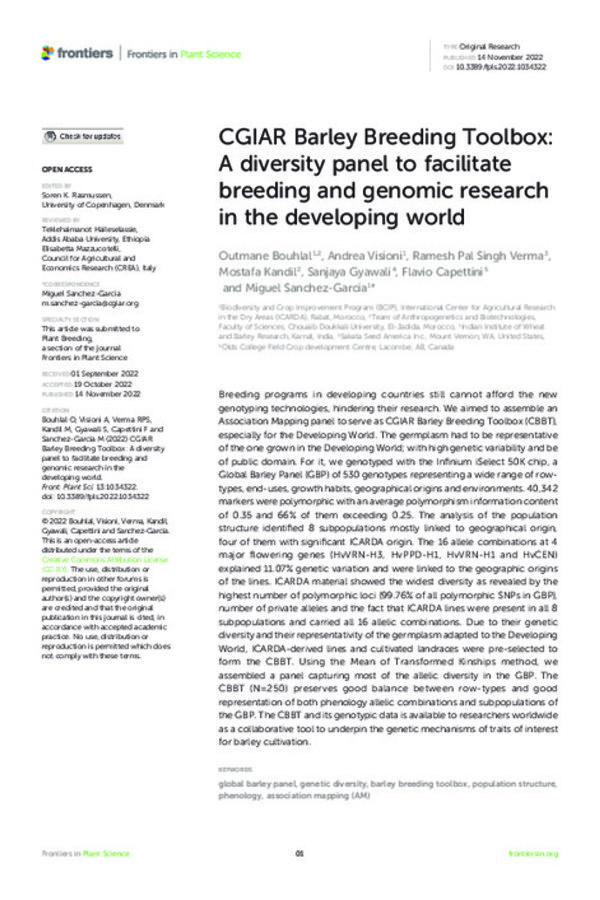 CGIAR Barley Breeding Toolbox: A diversity panel to facilitate breeding and genomic research in the developing world