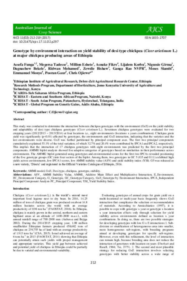 Genotype by environment interaction on yield stability of desi type chickpea (Cicer arietinum L.) at major chickpea producing areas of Ethiopia