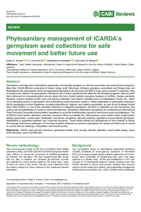 Phytosanitary management of ICARDA’s germplasm seed collections for safe movement and better future use Phytosanitary management of ICARDA’s germplasm seed collections for safe movement and better future use