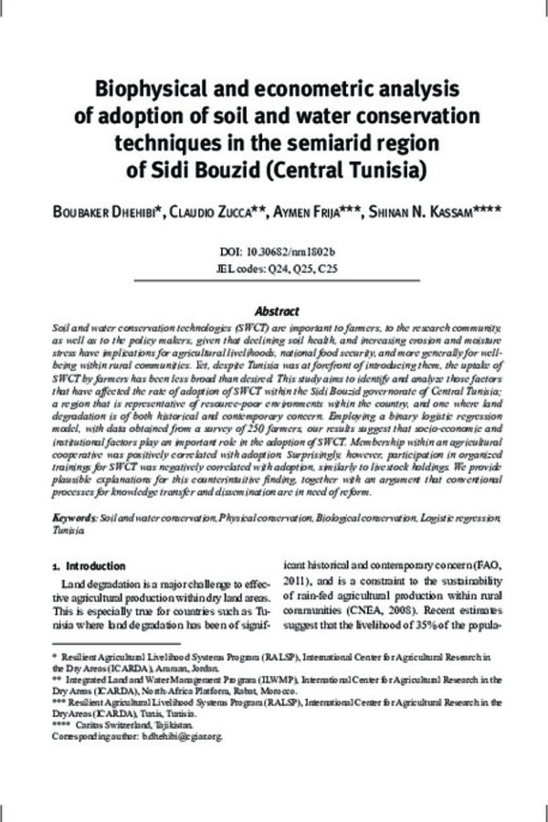 Biophysical and econometric analysis of adoption of soil and water conservation techniques in the semiarid region of Sidi Bouzid (Central Tunisia)