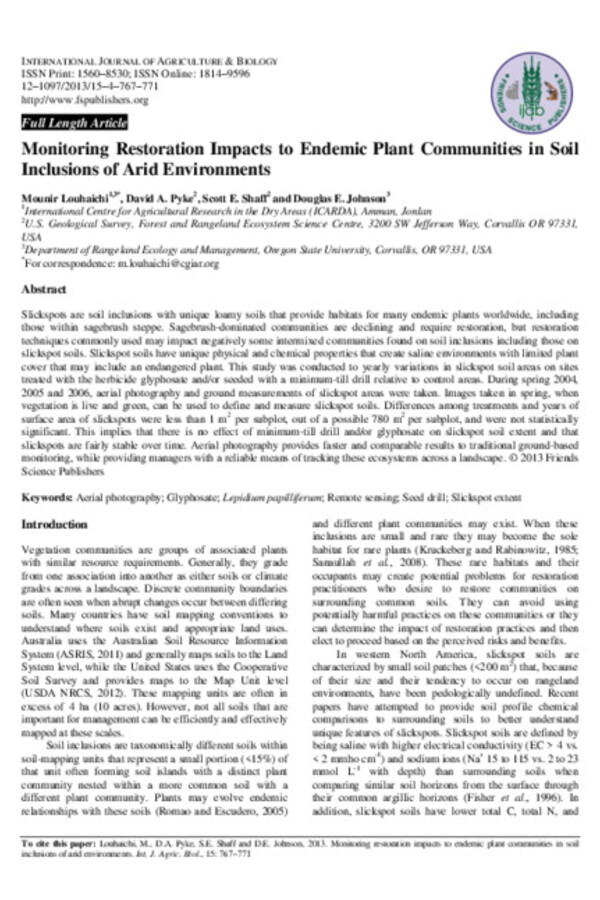 Monitoring Restoration Impacts to Endemic Plant Communities in Soil Inclusions of Arid Environments Monitoring Restoration Impacts to Endemic Plant Communities in Soil Inclusions of Arid Environments