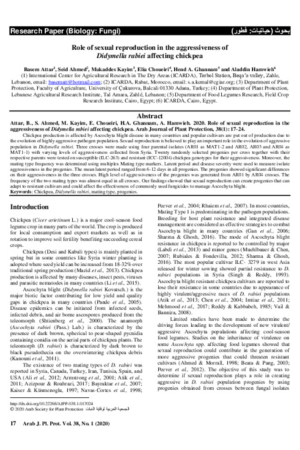 Role of sexual reproduction in the aggressiveness of Didymella rabiei affecting chickpea Role of sexual reproduction in the aggressiveness of Didymella rabiei affecting chickpea