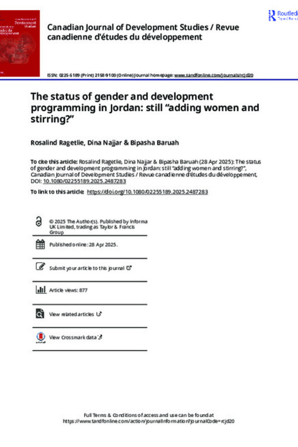 The status of gender and development programming in Jordan: still “adding women and stirring?” The status of gender and development programming in Jordan: still “adding women and stirring?”