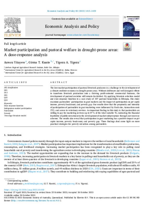 Market participation and pastoral welfare in drought-prone areas: A dose-response analysis Market participation and pastoral welfare in drought-prone areas: A dose-response analysis
