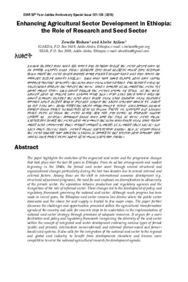 Enhancing Agricultural Sector Development in Ethiopia: the Role of Research and Seed Sector Enhancing Agricultural Sector Development in Ethiopia: the Role of Research and Seed Sector