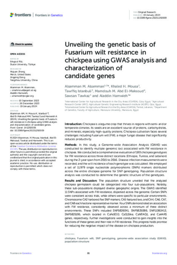 Unveiling the genetic basis of Fusarium wilt resistance in chickpea using GWAS analysis and characterization of candidate genes Unveiling the genetic basis of Fusarium wilt resistance in chickpea using GWAS analysis and characterization of candidate genes