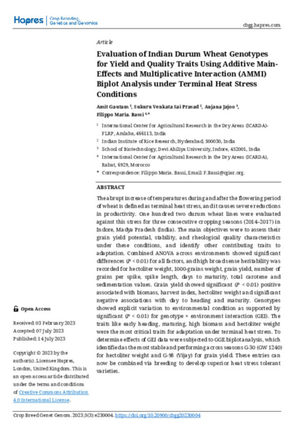 Evaluation of Indian Durum Wheat Genotypes for Yield and Quality Traits Using Additive Main-Effects and Multiplicative Interaction (AMMI) Biplot Analysis under Terminal Heat Stress Conditions