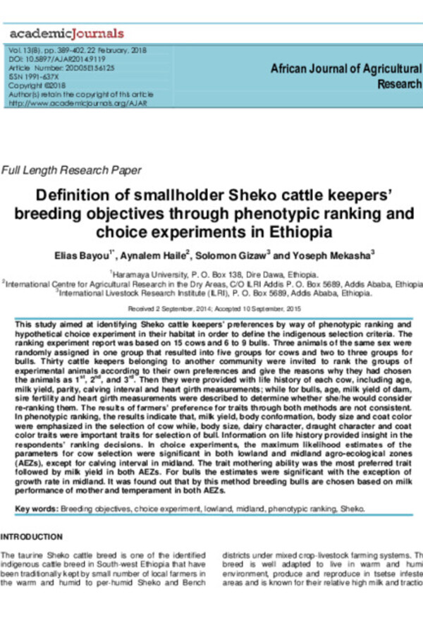 Definition of smallholder Sheko cattle keepers’ breeding objectives through phenotypic ranking and choice experiments in Ethiopia Definition of smallholder Sheko cattle keepers’ breeding objectives through phenotypic ranking and choice experiments in Ethiopia