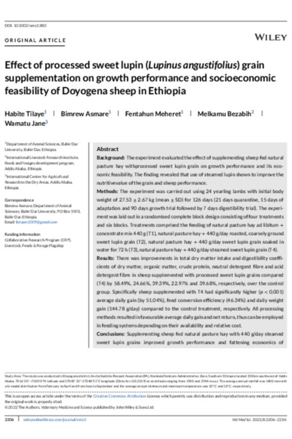 Effect of processed sweet lupin (Lupinus angustifolius) grain supplementation on growth performance and socioeconomic feasibility of Doyogena sheep in Ethiopia