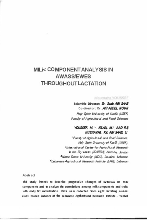 Milk Component Analysis in Awass/Ewes throughout Lactation