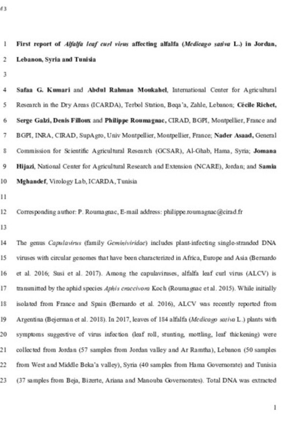 First report of Alfalfa leaf curl virus affecting alfalfa (Medicago sativa L.) in Jordan, Lebanon, Syria and Tunisia First report of Alfalfa leaf curl virus affecting alfalfa (Medicago sativa L.) in Jordan, Lebanon, Syria and Tunisia