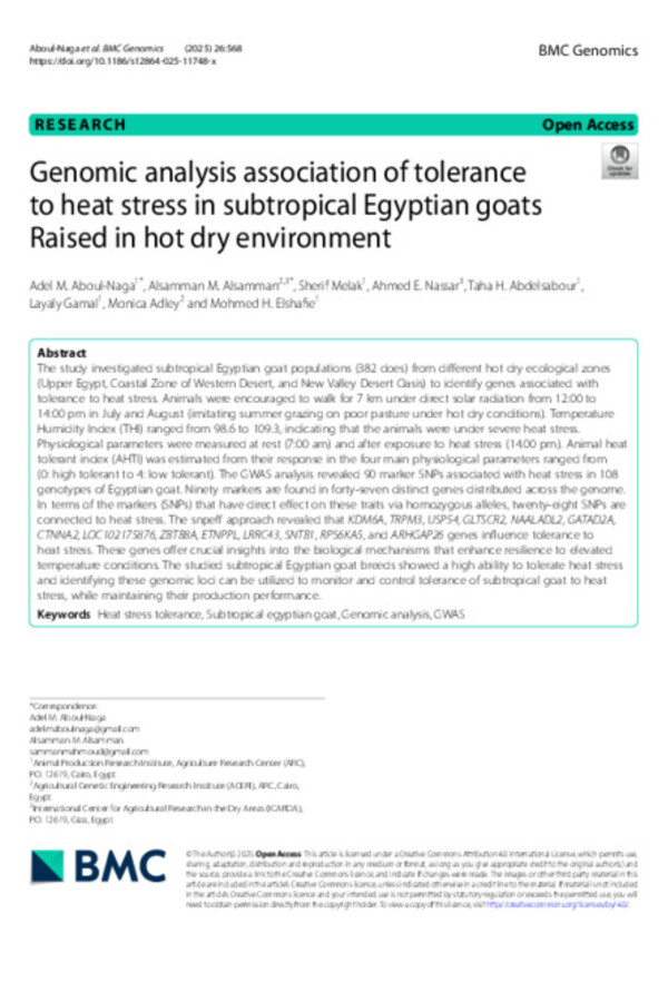 Genomic analysis association of tolerance to heat stress in subtropical Egyptian goats Raised in hot dry environment