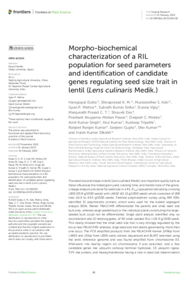 Morpho-biochemical characterization of a RIL population for seed parameters and identification of candidate genes regulating seed size trait in lentil (Lens culinaris Medik.)