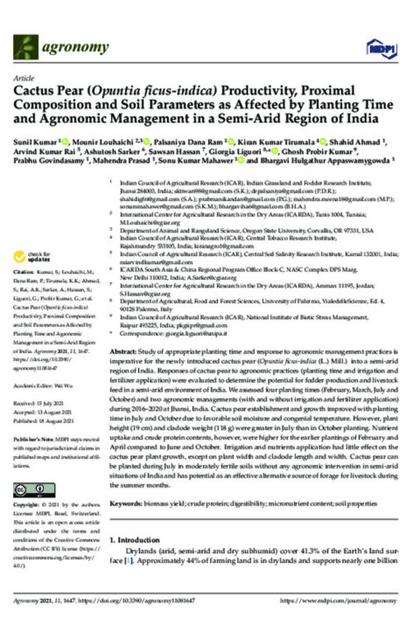 Cactus Pear (Opuntia ficus-indica) Productivity, Proximal Composition and Soil Parameters as Affected by Planting Time and Agronomic Management in a Semi-Arid Region of India