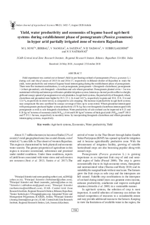 Yield, water productivity and economics of legume based agri-horti systems during establishment phase of pomegranate (Punica granatum) in hyper arid partially irrigated zone of western Rajasthan